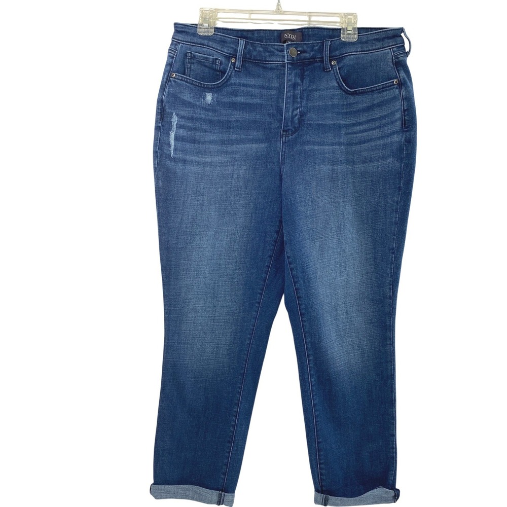 NYDJ Lift Tuck Jeans Womens 14 Straight Distressed Medium Wash Denim Rolled Up